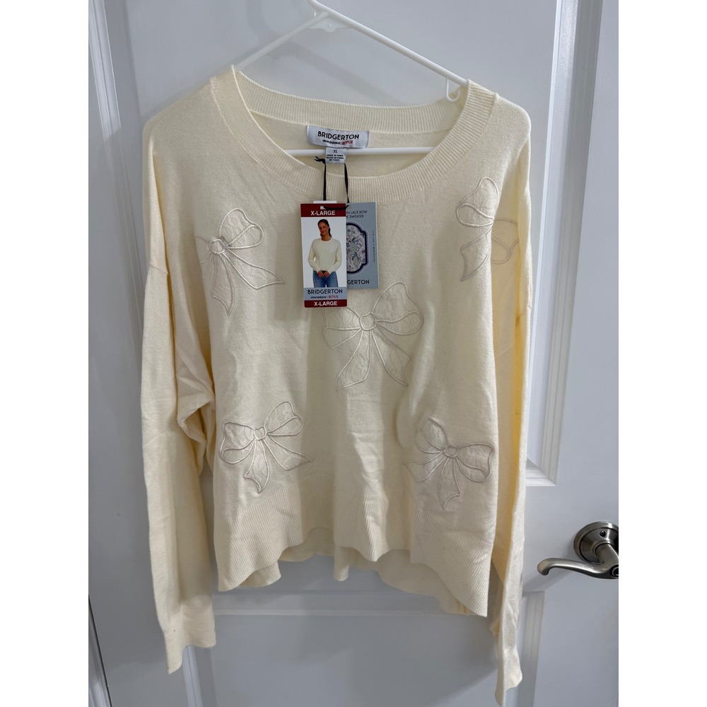 Bridgerton Netflix Cream Lace Bow Applique Sweater XL BRIR002A Regency Core